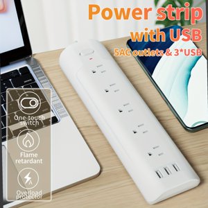 5-Outlet Power Strip/3 USB Ports/6ft Surge Protector Cord/Overload Protection/110-130V/Home & Office Use/Black/High-Powered Device Charging Station/Modern Design/Durable Construction