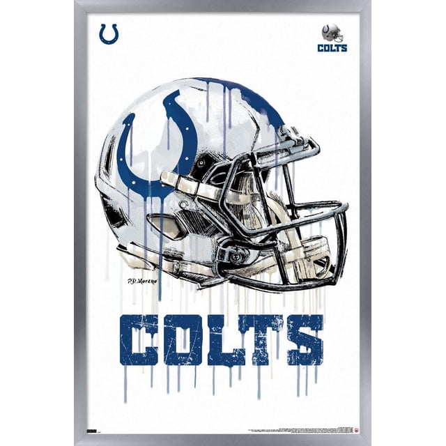 NFL Indianapolis Colts - Affiche Murale « Drip Helmet 20 », 22,375 Po x 34 Po Présentant une Vue avant Centrée d'Un Casque de football Blanc avec un logo de Fer à Cheval Bleu et un Masque Facial Noir, Effets de Goutte de Peinture, et Texte « Colts » Bleu Vieilli Ci-Dessous, Imprimé sur Papier d'Affiche Lustré avec un Fond Blanc et un Cadre Argenté, Convient pour Décorer les Chambres de Fans de Sport Ou les Murs de la Maison.