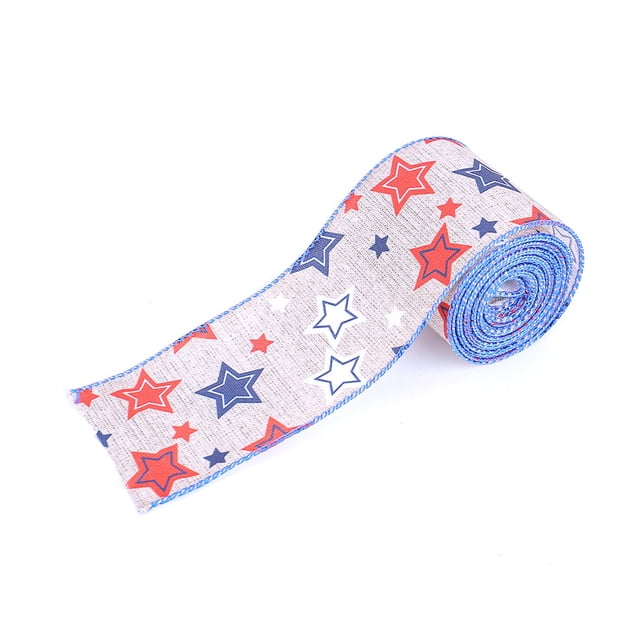 Independence Day Wired Ribbons 197 inchs,Patriotic Wired Edge Ribbons American Stars Pattern Ribbon Natural Burlap Ribbons 4th of July Craft Ribbons Bows for Gift Wrapping Memoria
