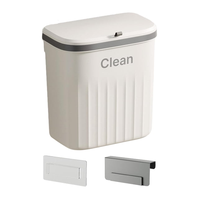 Hanging Waste Bin Kitchen Compost Bin with Sliding Lid Mountable Indoor Compost White 12L. The bin features a sleek white design with a sliding lid and 'Clean' text on the front. It includes two mounting options: hook wall hanging and hanging type, both with strong bearing capacity. Made of durable PP material, it measures 26.5cm x 16cm x 29cm (10.43in x 6.30in x 11.42in). Suitable for kitchens, bathrooms, offices, and bedrooms, it helps save space and prevent odors.