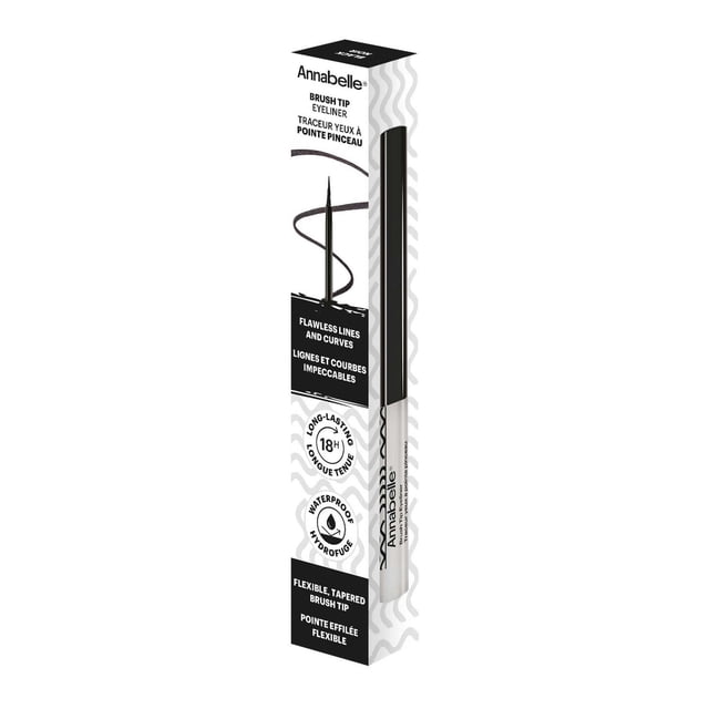 Annabelle Brush Tip Eyeliner, Black, shown in slim black and white packaging with a flexible tapered brush tip for precise, waterproof liquid eyeliner application lasting up to 18 hours, ideal for creating flawless lines and curves.