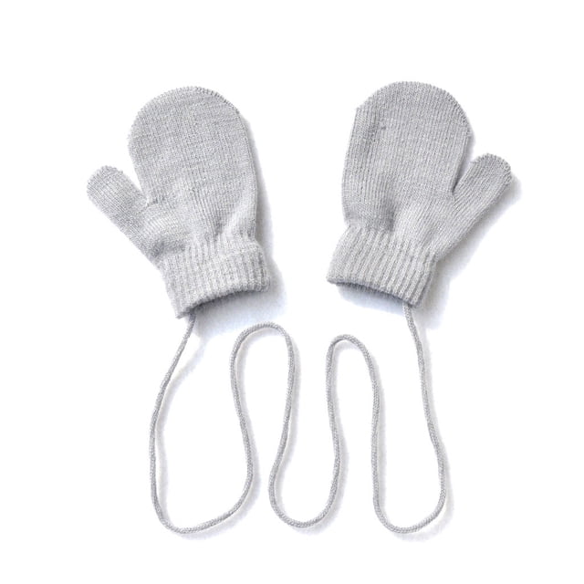 Gray Gloves Mittens Children Winter Warm Solid Knitted Cute with String Gloves
