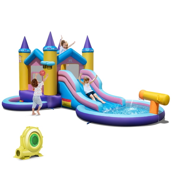 Costway Glissoire Gonflable pour Enfants 6 en 1 avec Souffleur, Piscine Éclaboussures avec Souffleur de 735 W