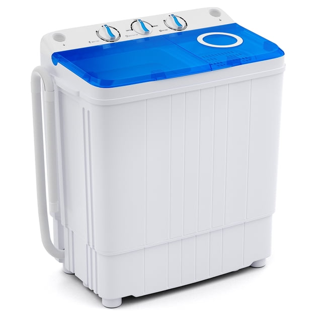 Costway Machine à Laver Portable 17,6 Lb à Deux Cuves pour Lessive avec Pompe de Vidange en Bleu. Cette Laveuse Écoénergétique Comprend Deux Cuves pour Laver et Essorer, des Boutons de Commande Séparés pour le Temps de Lavage, les modes et le Temps d'Essorage, et une Pompe de Vidange Intégrée pour un Vidange Sans Tracas. Conception Compacte et Portable Idéale pour Dortoirs, VR et Appartements.