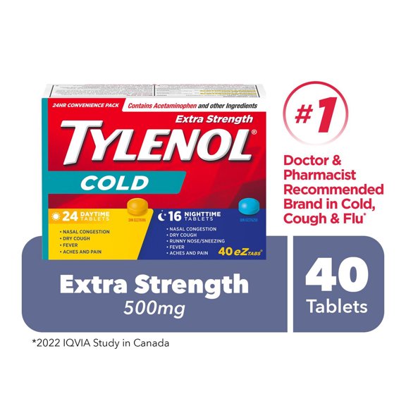Comprimés FaciliT pour soulager le rhume, Tylenol Extra-fort, pour le jour et la nuit, acétaminophène 500 mg, 40 unités