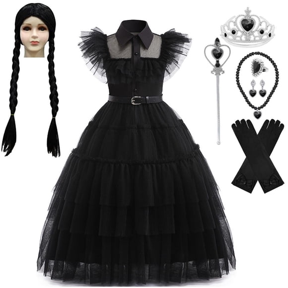 HAWEE Wednesday Addams Costume Girls Addams Dress, Addams Costumes Halloween Cosplay Party Dress 4-13Y