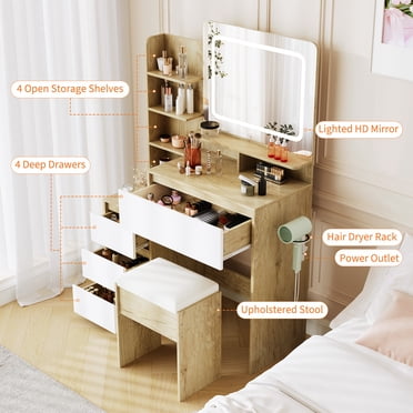 Coiffeuse Moderne de 36 Po avec Miroir et Lumières DEL Réglables – 4 Tiroirs, Étagères de Rangement, Prise de Courant, Ports USB et Tabouret – Table de Maquillage pour Chambre, Couleur Bois Naturel avec Tiroir Blanc