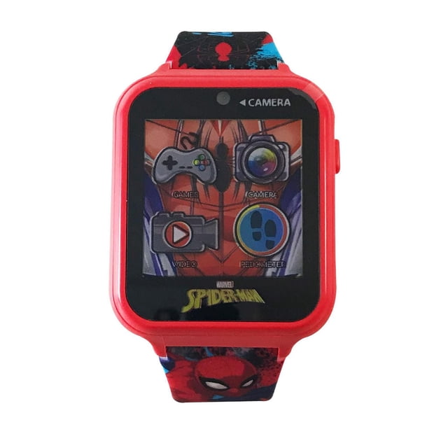 Spider-Man Kids Smart Watch with red plastic case and Spider-Man themed strap, featuring a touchscreen display with icons for games, camera, video recorder, and pedometer, front-facing camera above the screen, and Spider-Man logo below, ideal for children aged 6 and up.