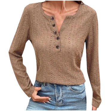 FAIWAD Women Long Sleeve Top V Neck Button Solid Color Tunic Tops Trendy Hollow Casual Pullover Top