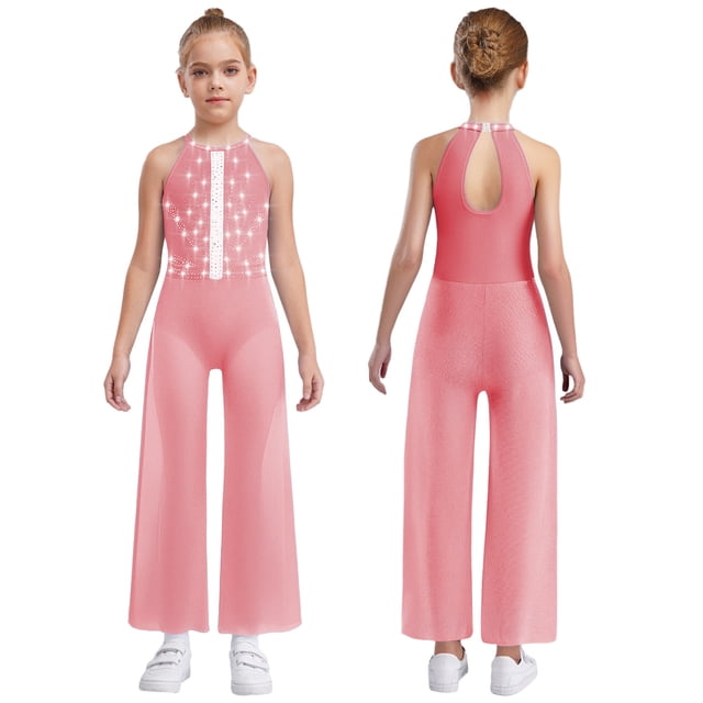 Oyolan One Piece Rompers Overall for Girls Rhinestones Dance Bodysuit Disco Party Wide Leg Pants Playsuit Pink 10