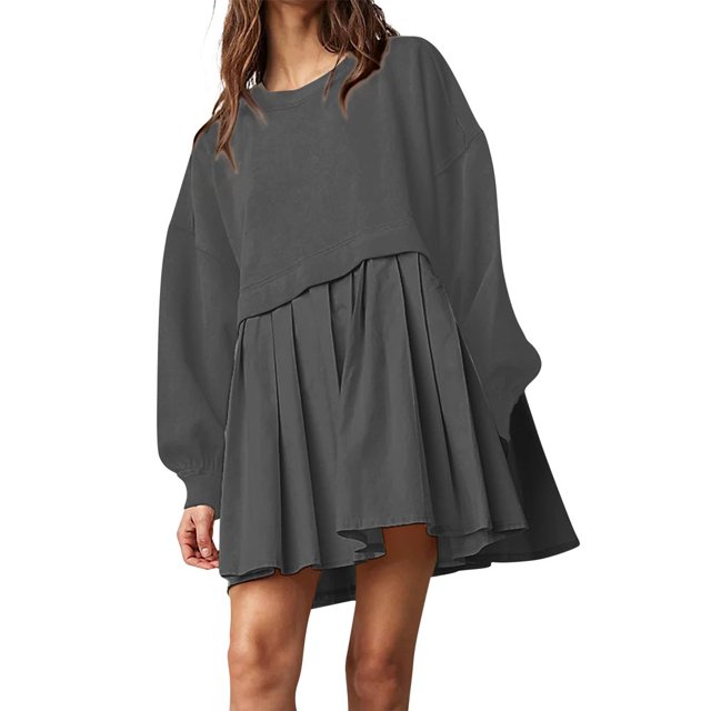 Womens Oversized Sweatshirt Dress Long Flowy Patchwork Pullover Tops Cute Drop Shoulder Sweatshirts Fall Long Sleeve Mini Dress Teen Girls Crewneck Solid Tunic Pleated Loose Clothing Beig