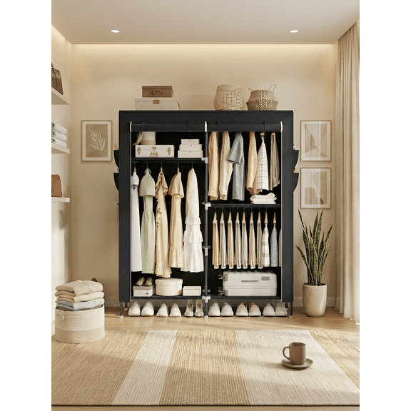 LEDREM Portable Closet, Fabric Wardrobe with 3 Hanging Rods, Clothes Rack with Shelves & Side Pockets, Large Capacity, Space-Saving, Black