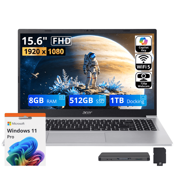 Acer Aspire Lite 15 15.6" FHD Laptop, Intel Core 3 N350, Intel UHD Graphics, 8GB RAM, 1.5TB Storage (512GB SSD +1TB Docking Station Set), Webcam, Numeric Keypad, HD Audio, Win 11 Pro, Silver