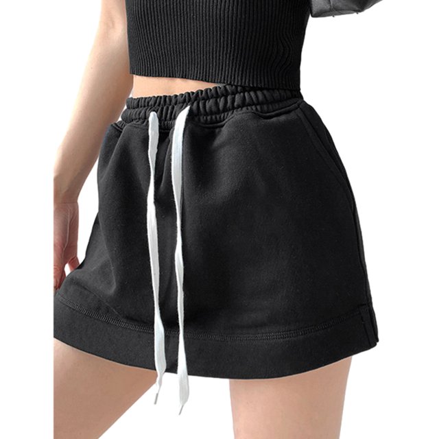 fastboy Femmes Jupes Courtes Robe Solide Cordon de Serrage Décontracté Mini-A-Line Mode Haute Taille Style Coréen d'Été pour les Sports Noirs
