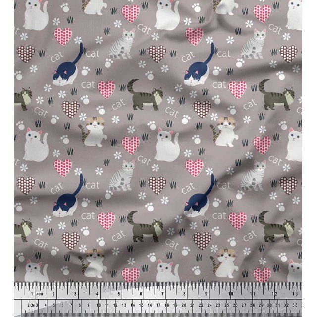 Soimoi Poly Georgette Fabric Heart,Footprint & Cat Animal Print Sewing Fabric Yard 52 Inch Wide