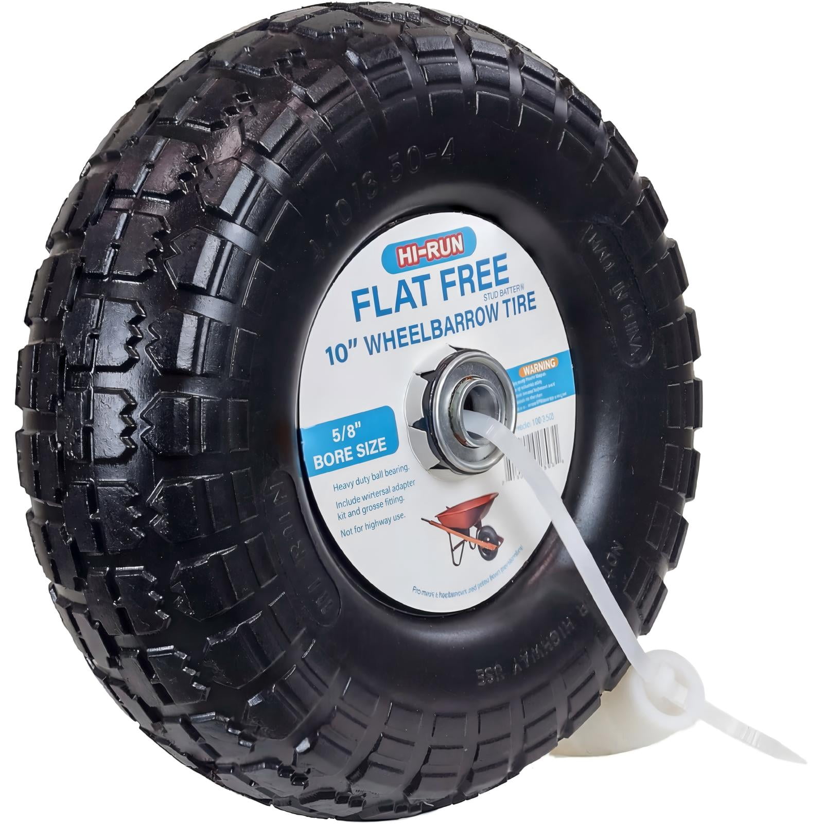 Hi-Run 10" Flat Free 4.10/3.50-4 Wheelbarrow Tire & Wheel Assembly with 5/8" Bushing Pre-Mounted