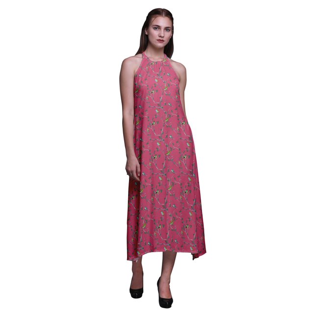 Bimba Robe de Plage d'Été pour Femmes, Dos Nu, Col Licou, à Imprimé d'Oiseaux - Medium