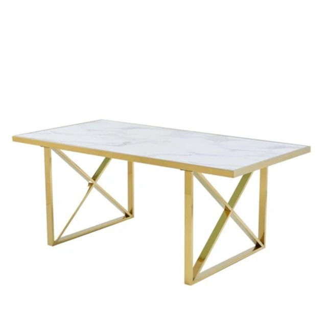 Cordelia Dining Table With Polished Stainless Steel Frame And White Faux Marble Top featuring a rectangular white faux marble surface with grey veining, supported by a polished gold-tone stainless steel frame with geometric X-shaped legs, measuring 29.5" high, 72" wide, and 36" deep, suitable for modern kitchen and dining spaces and often used as a stylish workspace surface.