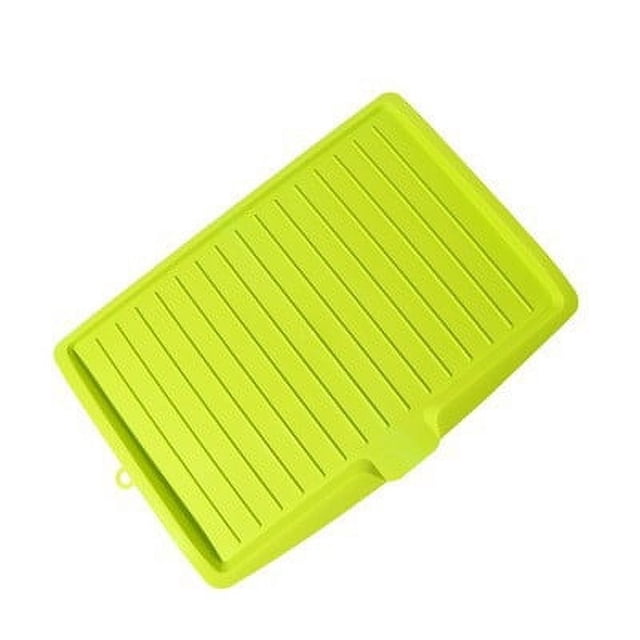 Kitchen Drain Board, Silicone Drying Mat for Kitchen Counter, featuring a large plastic draining tray with a side drop slope diversion. The bright green mat has a ribbed surface for efficient drainage and measures 17.6 x 12.2 inches. Made of durable plastic, it includes a small hole for hanging storage. Suitable for drying dishes, cutlery, or as a drip tray for a dish rack, and can also be used in bathrooms to keep surfaces dry.