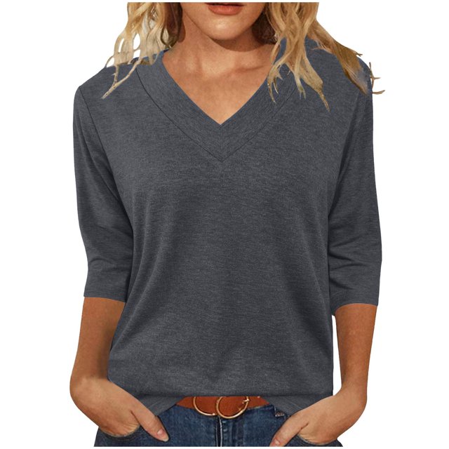 Amzcrzy Hauts pour Femmes Mode Manches 3/4 Hauts d'Été pour Femmes Couleur Unie Col Rond Hauts de Sortie Décontractés Confortables Hauts de Printemps T-Shirts