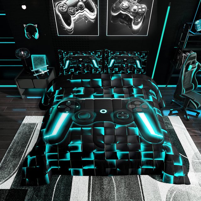 YST Kids Bedding Sets for Boys Room Decor, Blue Gamepad Pattern, Twin, Black Reversible