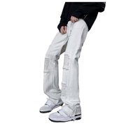 Men's Jeans Mens Wide Leg Jeans Elastic Waist Baggy Jeans Casual Drawstring Denim Pants Trousers Jeans Moto Homme White XL