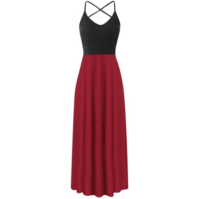 Fridja Womens Splicing O-Nack Casual Sling Backless Solid Halter Mid-Calf Dress