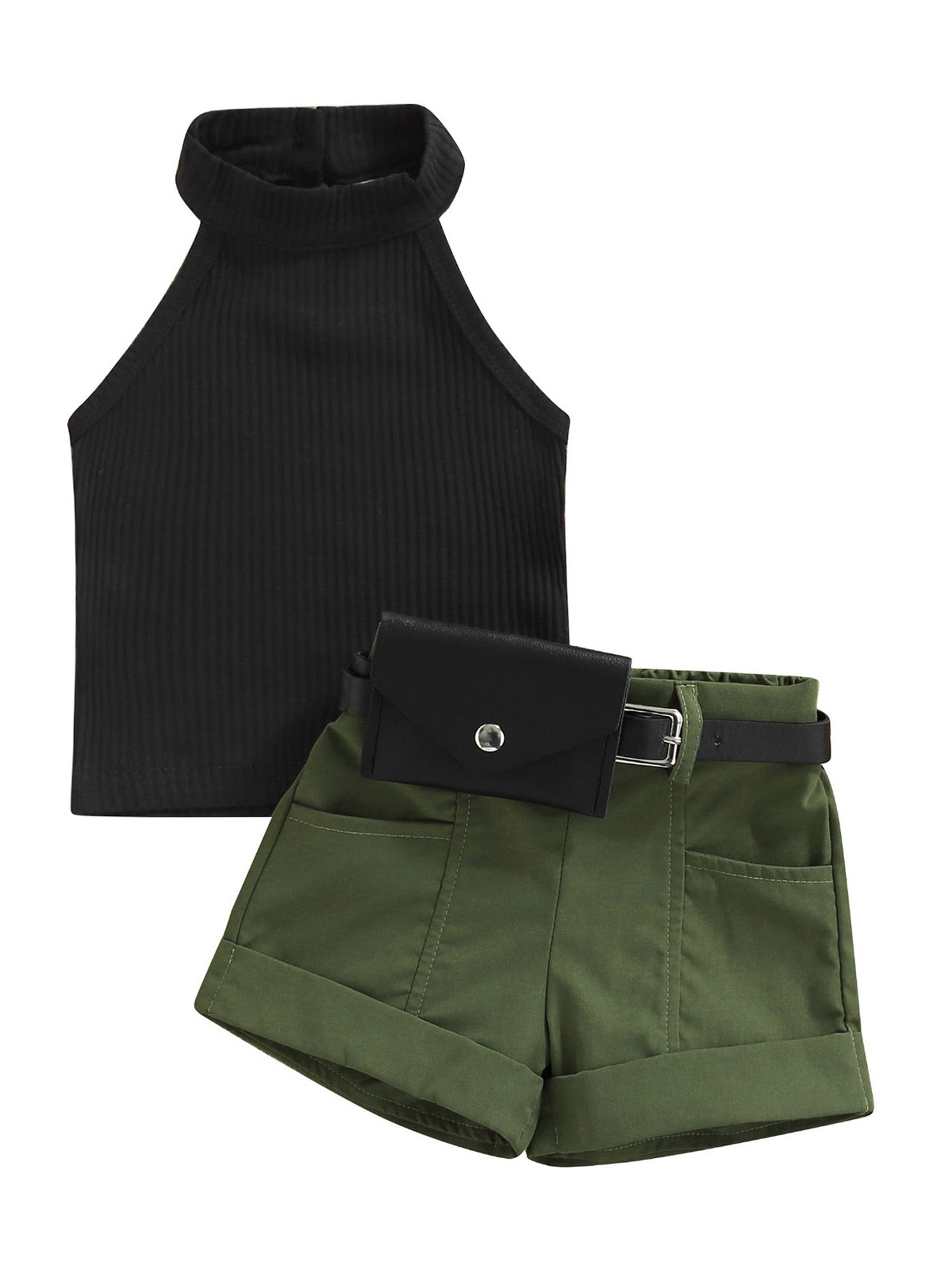 Faithtur Toddler Girl Summer Clothes Set, Solid Ribbed Mock Neck Vest + Shorts with Pockets + Waist Bag
