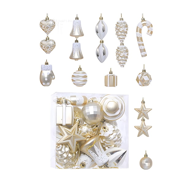 TopLLC 16 Pcs Christmas Tree Hanging Ornaments Set, Pre-Tied Shatterproof Plastic Assorted Baubles with Rope, Glitter Xmas Tree Decorative Pendants Christmas Decorations for Party Holiday Wedding