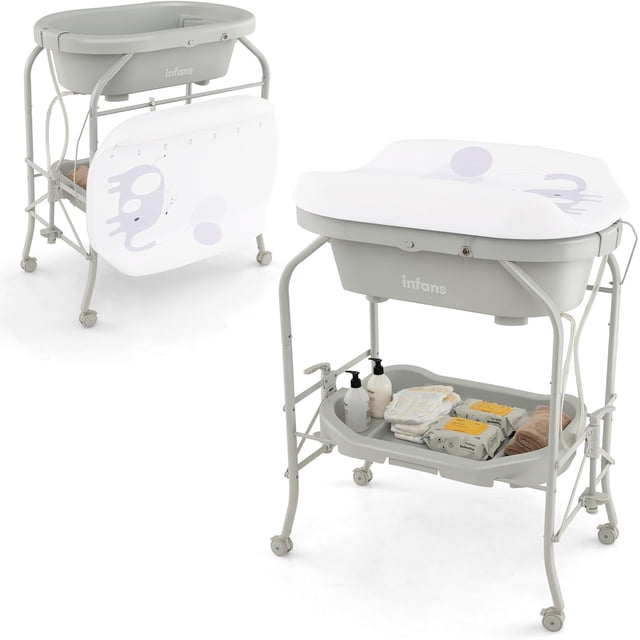 INFANS Baby Changing Table with Bathtub in a light gray color, featuring a foldable design with a removable bath support. The table includes a waterproof pad, a storage tray for baby essentials, and four lockable wheels for easy mobility. The bathtub has a drain pipe for convenient water removal. The ergonomic height design ensures comfort for parents while changing diapers or bathing their newborn. Suitable for infants aged 0-12 months, with a weight capacity of 66 lbs.