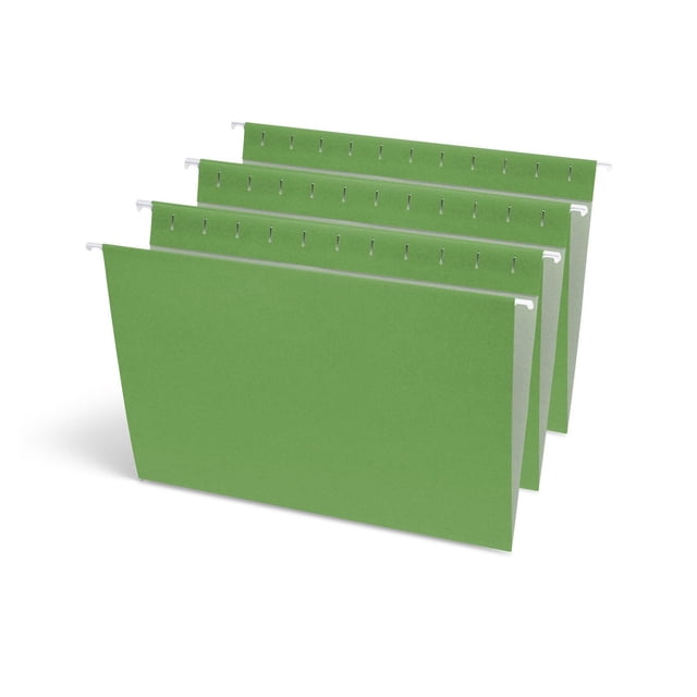 Continental Letter Size Hanging Folders in green colour, pack of six, made with reinforced steel rods and coated tips for durability and smooth sliding in file drawers, constructed from 11 pt. recycled paper, ideal for colour-coded document filing and suitable for organizing craft or project materials.