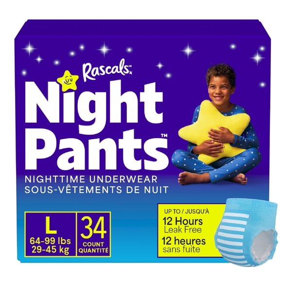 Culotte de nuit d'énurésie absorbante jetable Rascals pour garçons, L (64-99 lb), 34 unités