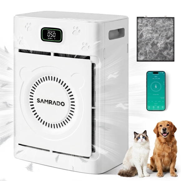 Samrado Purificateur d'Air Intelligent pour Animaux de Compagnie pour Grande Pièce jusqu'à 2500 Pi2, Contrôle par Application Wi-Fi Purificateur d'Air HEPA Véritable pour la Fumée, les Poils, les Squames et l'Élimination des Odeurs (Blanc)