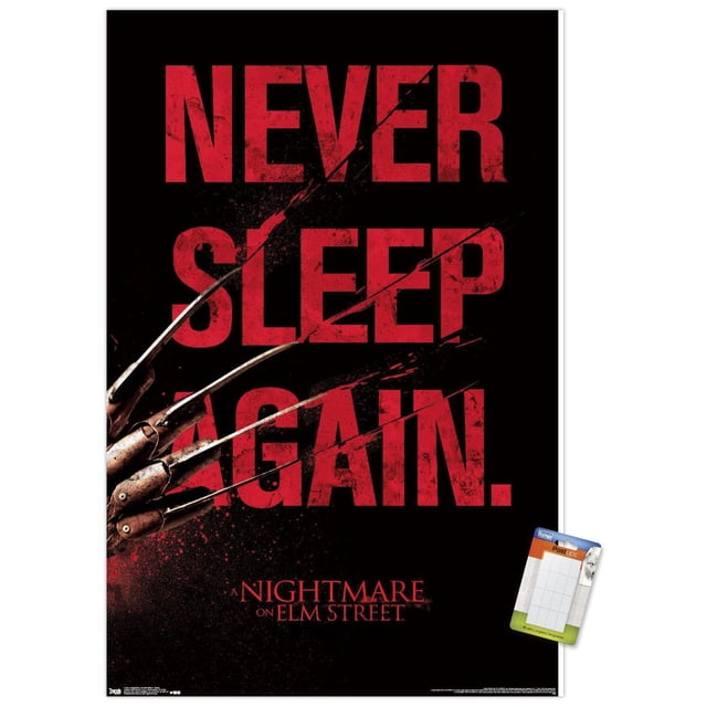 Un Cauchemar sur Elm Street - Affiche Murale de Sommeil, 22,375 Pouces x 34 Pouces Encadrée avec Texte Rouge Usé « Ne Jamais Dormir de Nouveau. » sur Noir avec le Gant Griffe en Métal de Freddy Krueger Tranchant les Lettres, Créant des Marques d'Égratignures et des Éclaboussures Rouges, avec le Titre du Film en Plus Petite Police Rouge Ci-Dessous, Convient à l'Art Mural à Thème Horreur.