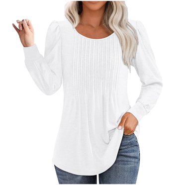 MeetoTime Women's Long Sleeve Tunic Tops Comfy Crew Neck Pleated T-Shirt Solid Color Pullover Shirts