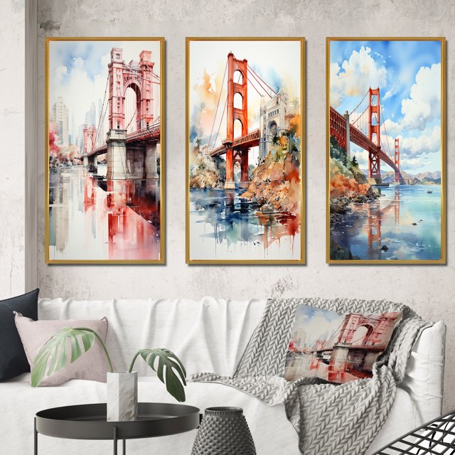 Designart "Architectural Marvel Red Bridge II" Paysages Urbains Art Mural Encadré Ensemble de 3 - Cadre de Ponts Rouges en Toile pour Décoration de Salon