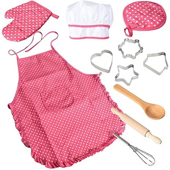 GOGRANT Kids Cooking Set 11/15Pcs Chef Role Play Kit with Apron Hat Oven Mitt & Baking Tools Pretend Play Kitchen Costume Gift for Girls Boys Ages 3-8