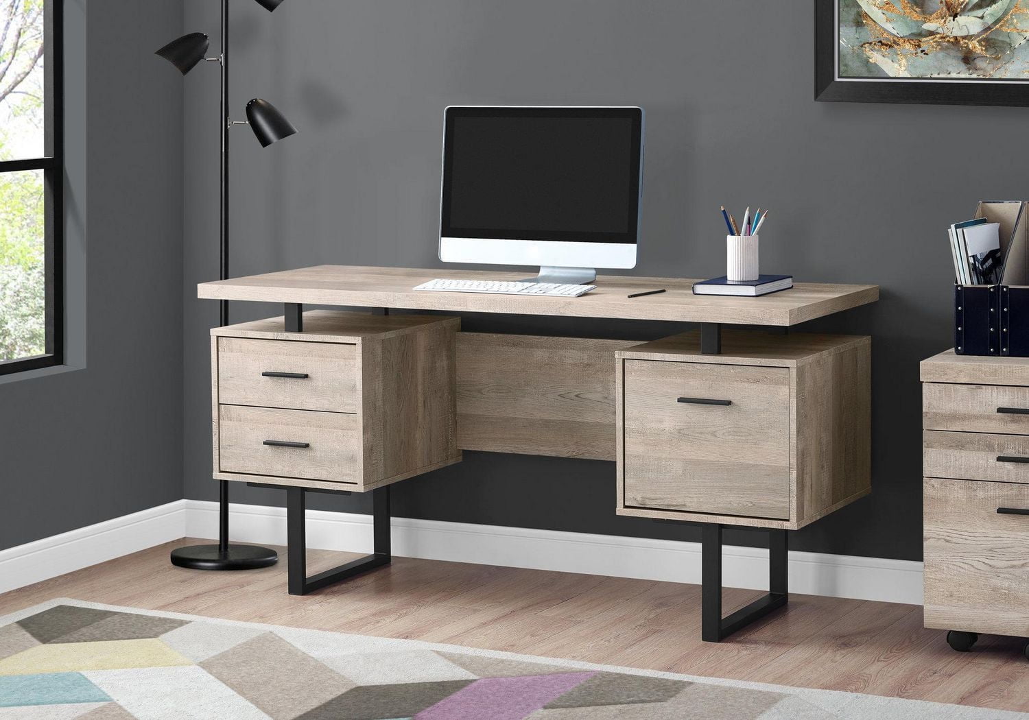 Monarch Specialties Computer Desk, Home Office, Laptop, Left, Right Set-up, Storage Drawers, 60"l, Work, Metal, Laminate, Beige, Black, Contemporary, Modern
