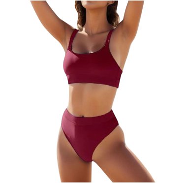 Penkiiy High Waisted Bikini Sets for Women 2 Piece Bathing Suits Cheeky Crop Cut Athletic Swimsuits Trendy Beachwear Set XL Wine