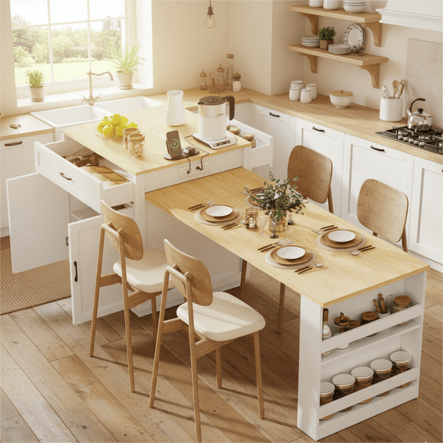 Homy Casa Rolling Kitchen Island with Pull-Out Table and Two-Tone Storage featuring a marble-look countertop and black wood grain base with white pull-out dining table extended and set for four. The island includes open shelving with jars, two locking caster wheels for mobility, and is situated in a bright kitchen with wooden floors and white cabinetry.