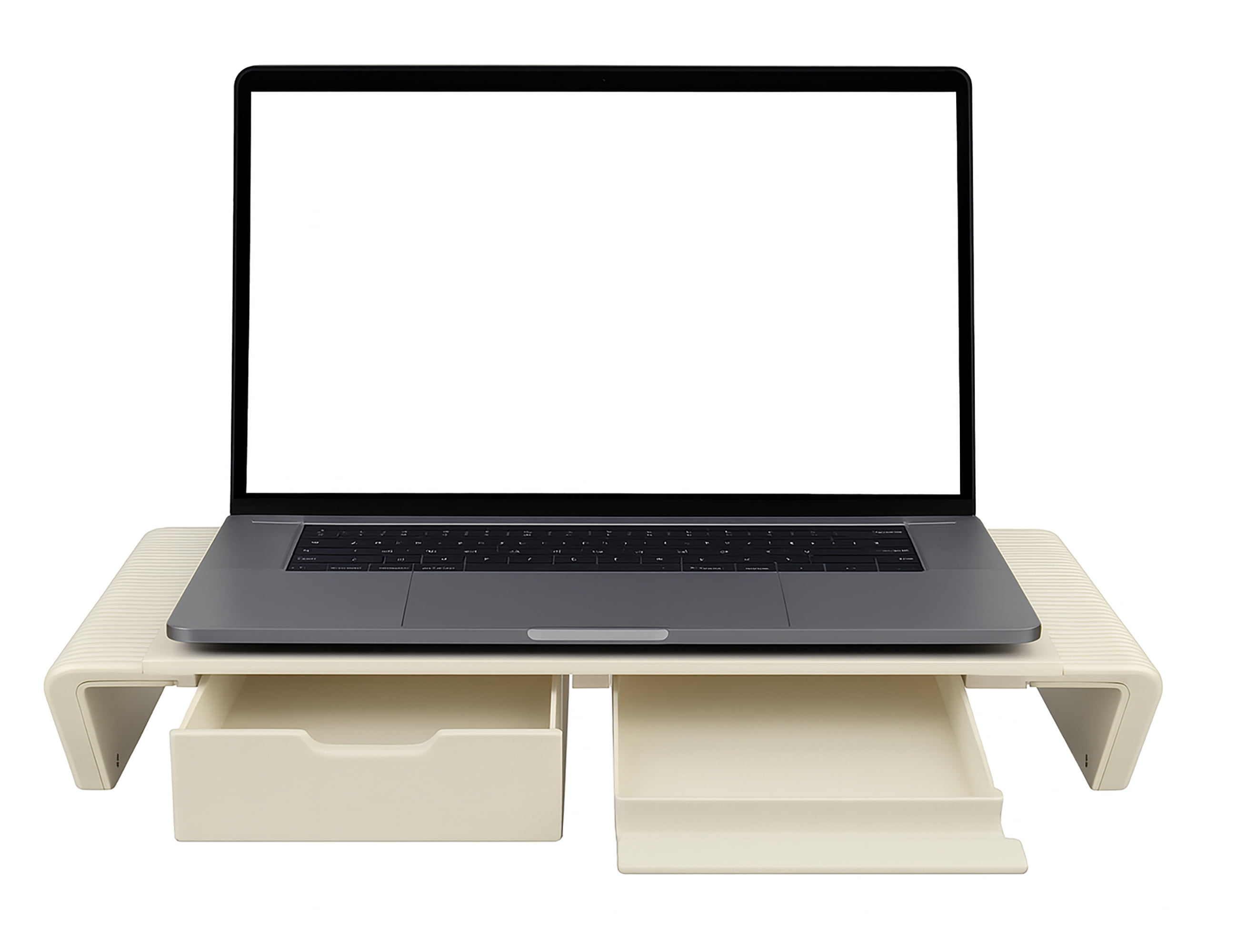 Adjustable Foldable Monitor Stand with Drawers & Phone Holder - Ergonomic Desk Riser for Laptop, iMac, PC - Space-Saving Desktop Organizer Shelf - Beige