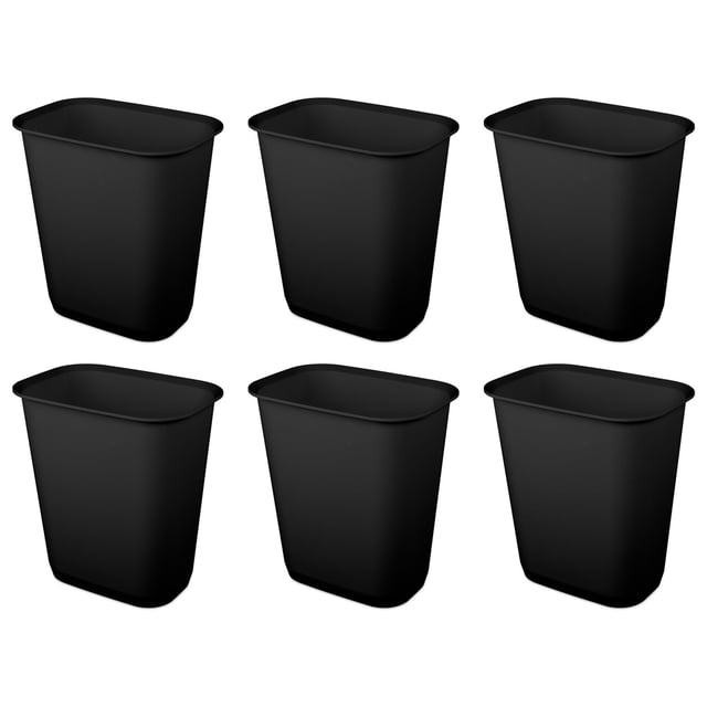 Sterilite Rectangular Wastebasket 9 Gallon Open Top Trash Bin, 6 Pack, Black