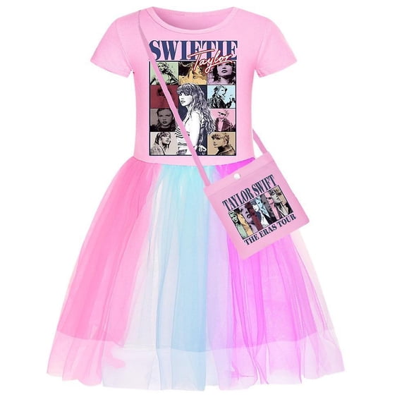 3-10Years Kids Girls Taylor Swiftie Print Princess Dress Skirt Birthday Party Cosplay Fancy Dress Tutu with Shoulder Bag