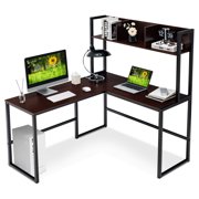 Costway 55"L-Shaped Desk Corner Computer Desk Writing Workstation Table w/Hutch Teak