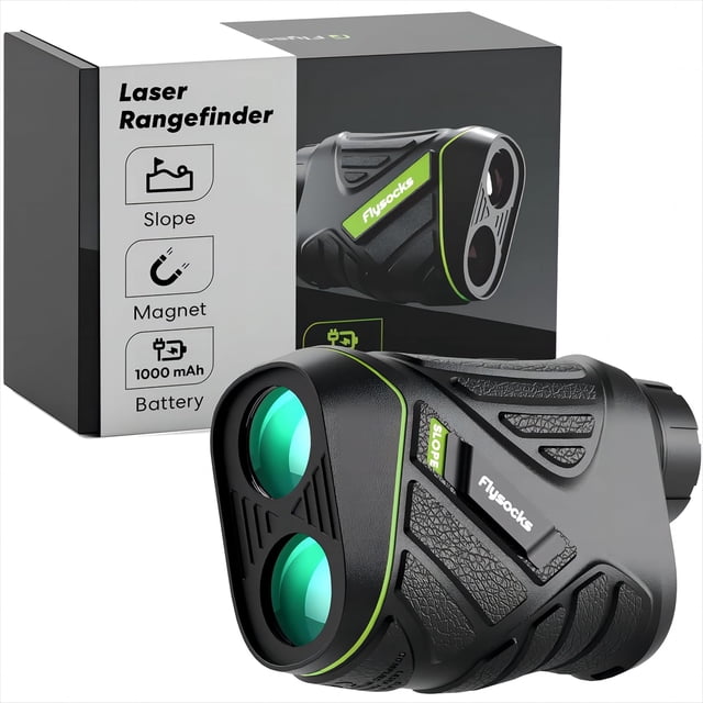 Flysocks Golf Rangefinder with Slope, 1200 Yards Laser Range Finder - Open Box. A compact black rangefinder with textured grip and green accents, featuring dual lenses and slope calculation. The packaging highlights features like slope, magnet, and 1000 mAh battery.