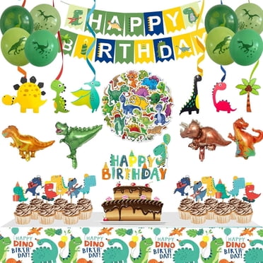 Décorations de Fête d'Anniversaire de Dinosaures, Ensemble de Vaisselle de Fête d'Anniversaire du Monde des Dinosaures, Couvre-Tables, Décorations de Gâteau, Ballons, Bannières, Tourbillons pour Enfants