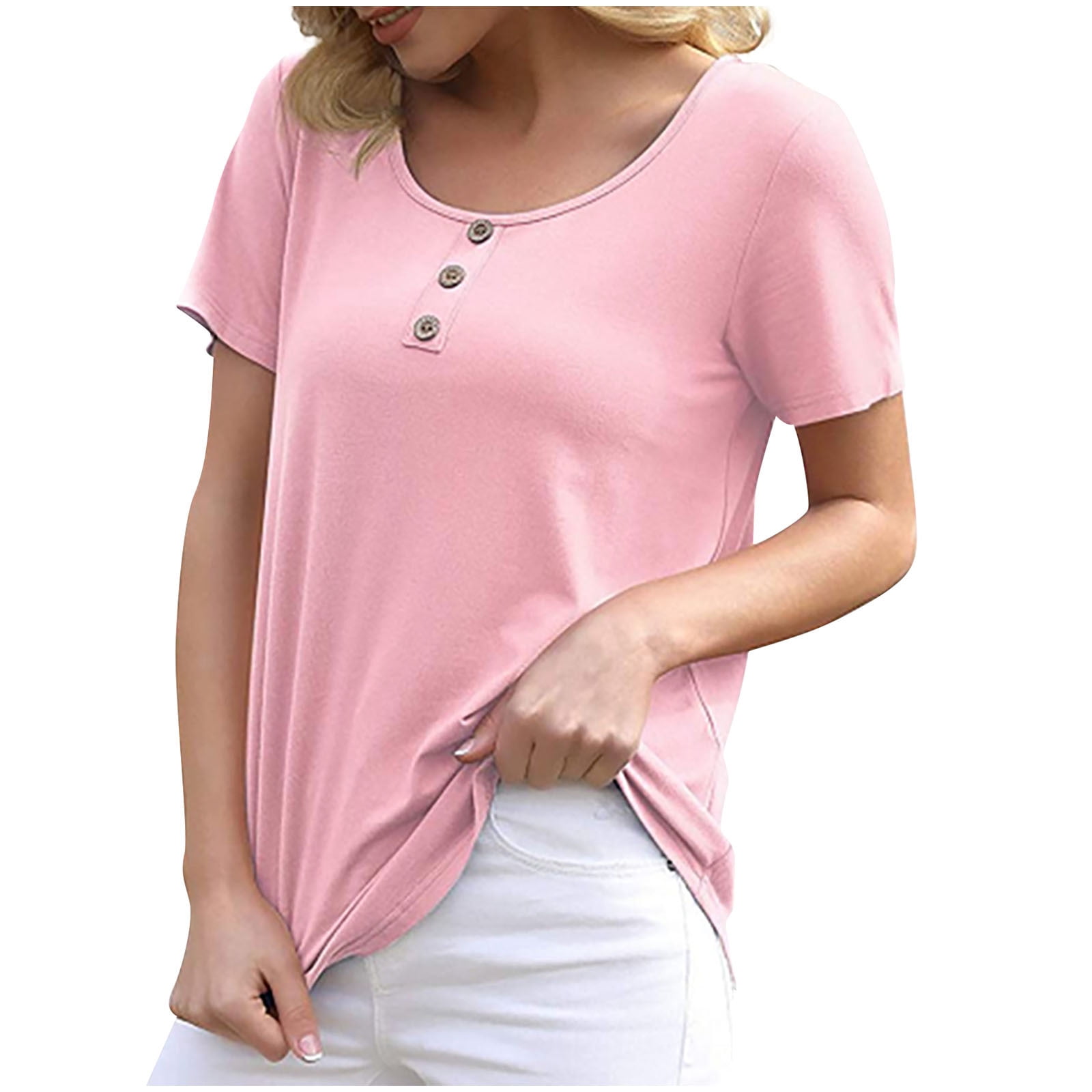 Birdeem Womens Casual Loose Solid Color Crewneck Short Sleeve Button T-Shirt Tops