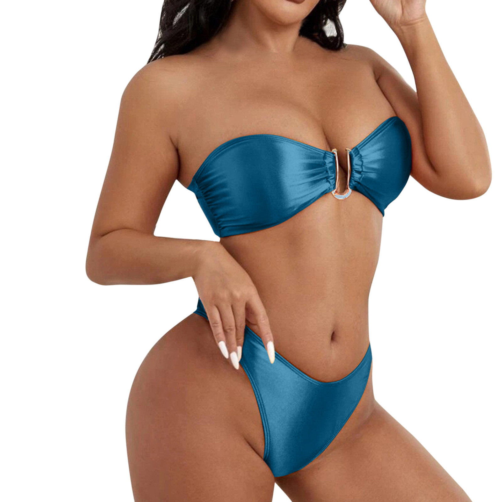 B91xZ Ensemble Bikini String à Licou pour Femmes Bikini String à Nouer Deux Côtés Bas Triangle Maillots de Bain, Marine L
