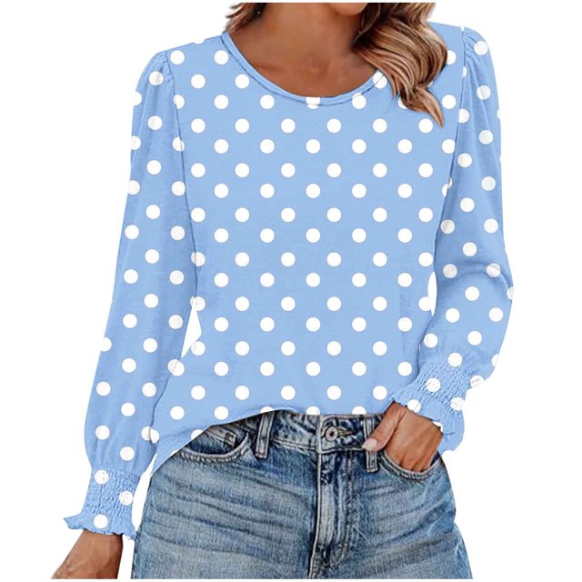 HAiming Chemises à Pois pour Femmes Décontractées à Col Rond Hauts à Volants Plissés Blouse Basique Chic T-Shirts de Travail