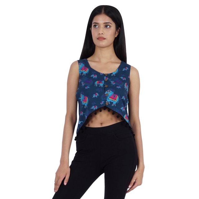 Moomaya Crop Top à Franges Imprimé pour Femmes, Blouse d'Été Sans Manches à Boutons